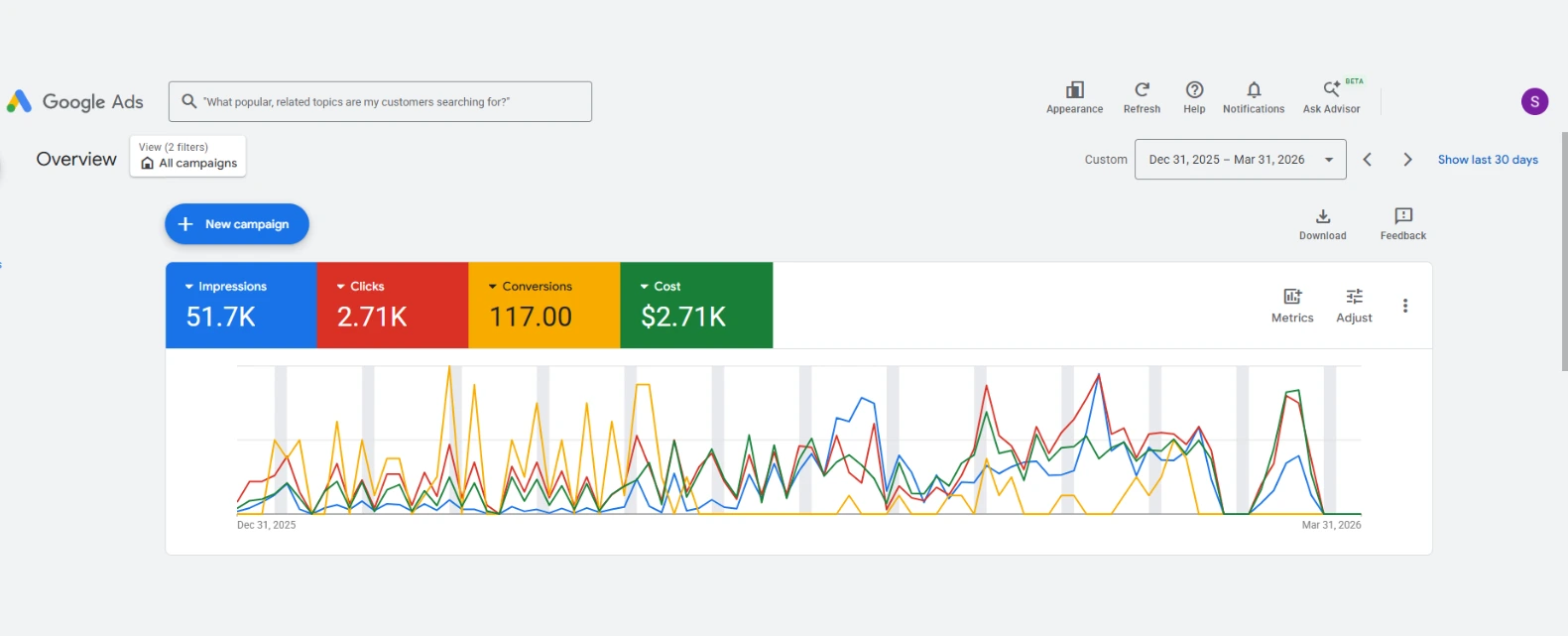 Google Ads campaign overview: $2.71K spend and 117 conversions